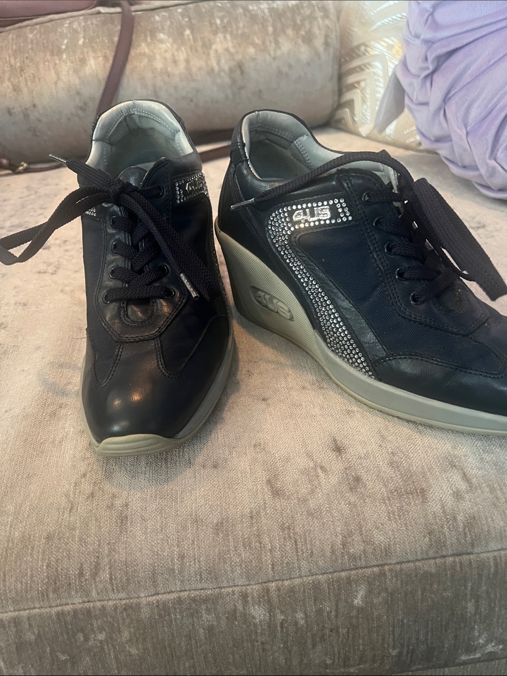 Cesare Paciotti Navy Wedge Sneakers with Silver Rhinestone Trim
